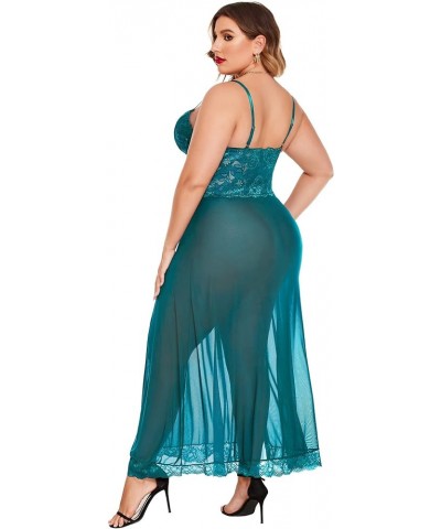 Plus Size Lingerie For Women Babydoll Sexy Mesh Maxi Nightdress Strappy Exotic Sleepwear Side Slits Blue Green $10.21 Lingerie