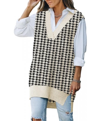 Women V Neck Sweater Vest Tops Oversized Sleeveless Tunic Pullover Knitted Tops Houndstooth Apricot $15.40 Sweaters