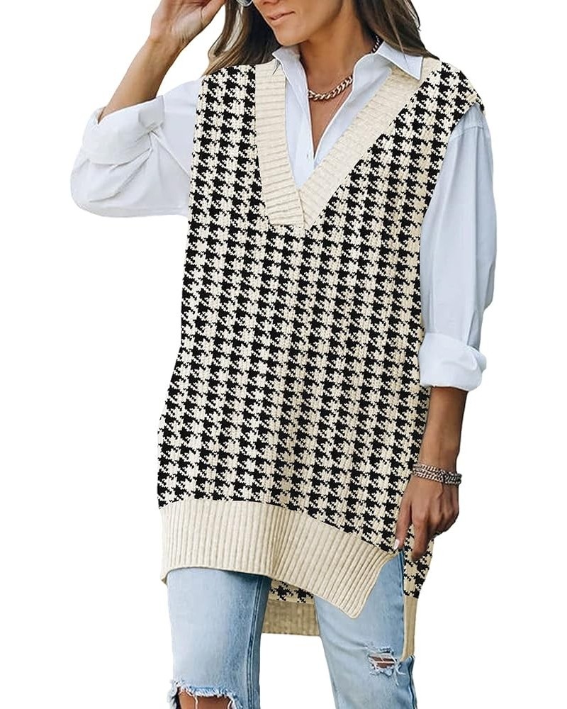 Women V Neck Sweater Vest Tops Oversized Sleeveless Tunic Pullover Knitted Tops Houndstooth Apricot $15.40 Sweaters