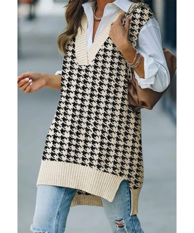 Women V Neck Sweater Vest Tops Oversized Sleeveless Tunic Pullover Knitted Tops Houndstooth Apricot $15.40 Sweaters