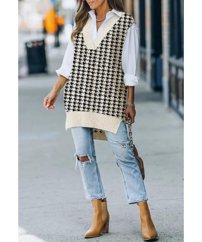 Women V Neck Sweater Vest Tops Oversized Sleeveless Tunic Pullover Knitted Tops Houndstooth Apricot $15.40 Sweaters