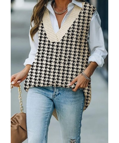 Women V Neck Sweater Vest Tops Oversized Sleeveless Tunic Pullover Knitted Tops Houndstooth Apricot $15.40 Sweaters