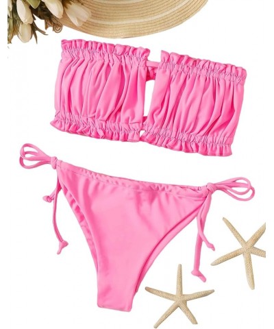 Women's Tie Back Ruched Bandeau with Cheeky Thong Bikini Bathing Suit Pink $13.50 Swimsuits