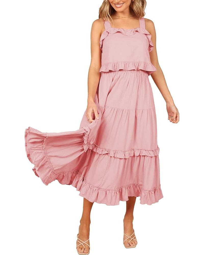 Women's Summer Flowy 2 Piece Outfits Sleeveless Ruffle Crop Top & Ruffled Maxi Skirt Suiting Set Pink $12.00 Suits