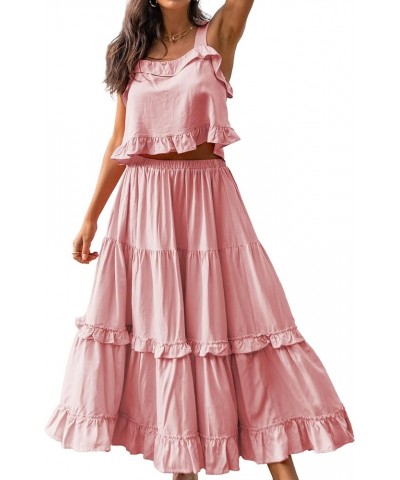 Women's Summer Flowy 2 Piece Outfits Sleeveless Ruffle Crop Top & Ruffled Maxi Skirt Suiting Set Pink $12.00 Suits