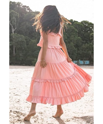 Women's Summer Flowy 2 Piece Outfits Sleeveless Ruffle Crop Top & Ruffled Maxi Skirt Suiting Set Pink $12.00 Suits