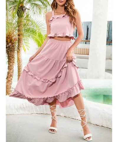 Women's Summer Flowy 2 Piece Outfits Sleeveless Ruffle Crop Top & Ruffled Maxi Skirt Suiting Set Pink $12.00 Suits