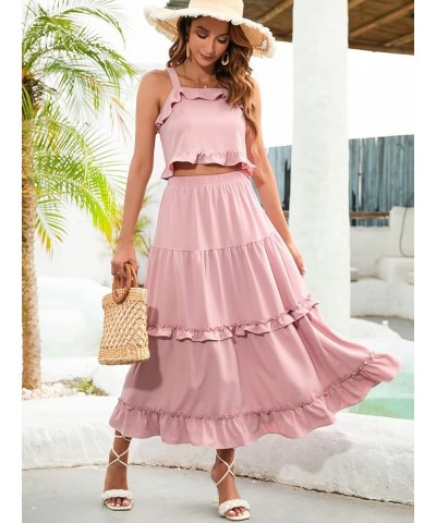 Women's Summer Flowy 2 Piece Outfits Sleeveless Ruffle Crop Top & Ruffled Maxi Skirt Suiting Set Pink $12.00 Suits