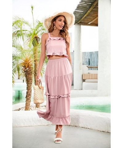 Women's Summer Flowy 2 Piece Outfits Sleeveless Ruffle Crop Top & Ruffled Maxi Skirt Suiting Set Pink $12.00 Suits