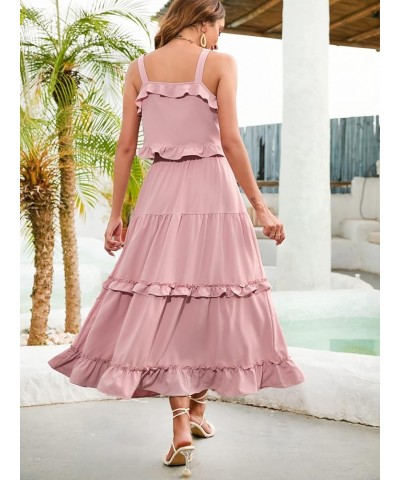 Women's Summer Flowy 2 Piece Outfits Sleeveless Ruffle Crop Top & Ruffled Maxi Skirt Suiting Set Pink $12.00 Suits