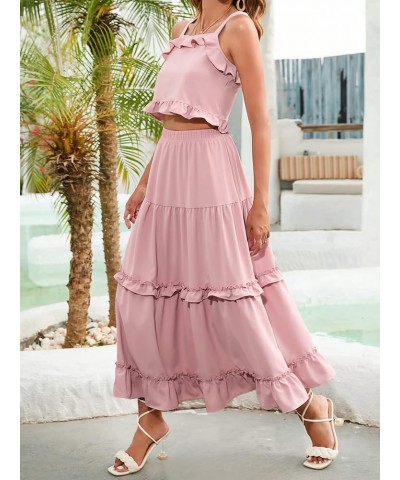 Women's Summer Flowy 2 Piece Outfits Sleeveless Ruffle Crop Top & Ruffled Maxi Skirt Suiting Set Pink $12.00 Suits