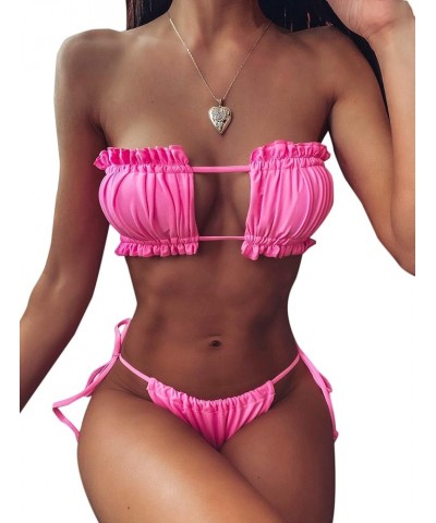 Women's Tie Back Ruched Bandeau with Cheeky Thong Bikini Bathing Suit Pink $13.50 Swimsuits