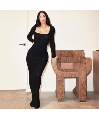 Women's Long Sleeve Square Neck Bodycon Maxi Long Dress Casual Bodycon Long Dress A-black $19.00 Dresses