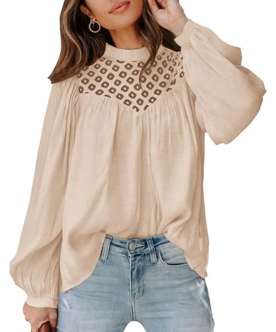 Women's Fall Tops 2023 Crewneck Lace Crochet Casual Long Sleeve T Shirts Loose Chiffon Solid Blouses Solid Beige $13.24 Blouses