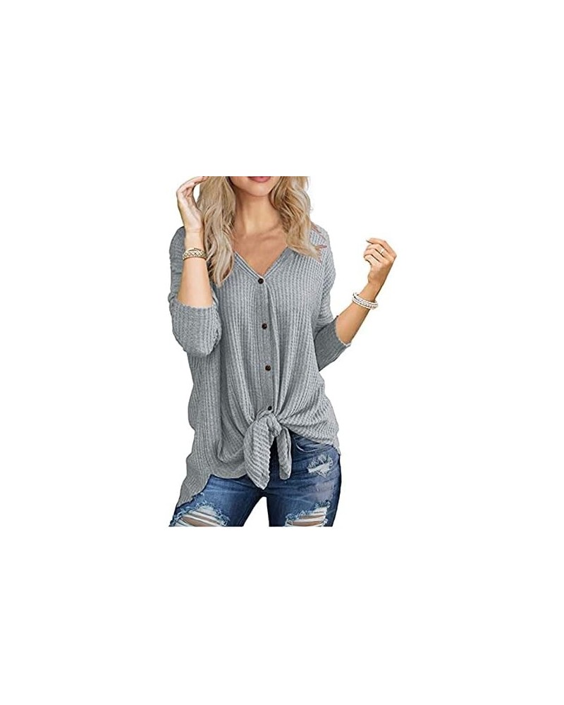 Women's Waffle Knit Tunic Blouse Tie Knot Henley Tops Loose Fitting Bat Wing Plain Shirts Grey $12.71 Tops