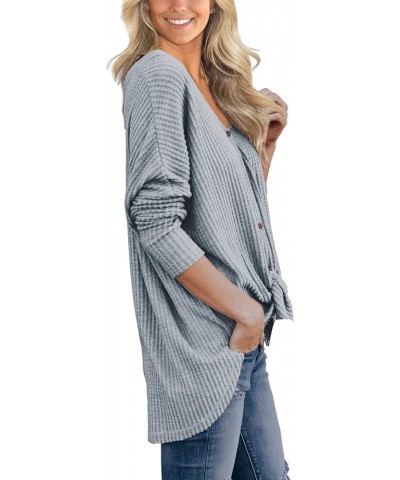 Women's Waffle Knit Tunic Blouse Tie Knot Henley Tops Loose Fitting Bat Wing Plain Shirts Grey $12.71 Tops