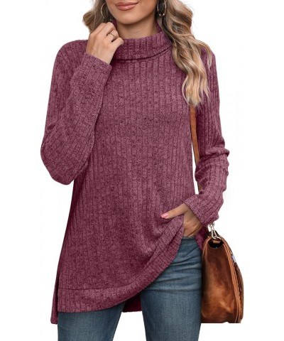 Womens Tunic Tops Turtleneck Long Sleeve Side Split High Low Lightweight Sweaters Maroon $19.07 Tops