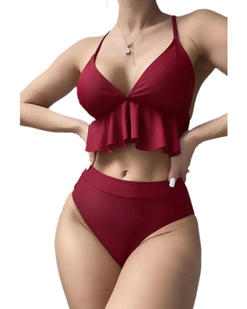 Women's Halter Tie Side Triangle Bikini Set String 2 Piece Bikini Swimsuit Bathing Suit(Bikini+Earrings Wine Red $9.00 Swimsuits