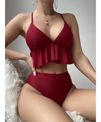 Women's Halter Tie Side Triangle Bikini Set String 2 Piece Bikini Swimsuit Bathing Suit(Bikini+Earrings Wine Red $9.00 Swimsuits