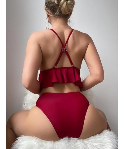 Women's Halter Tie Side Triangle Bikini Set String 2 Piece Bikini Swimsuit Bathing Suit(Bikini+Earrings Wine Red $9.00 Swimsuits