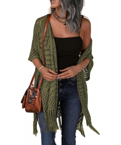 Womens Knit Cardigan Open Front Outwear Hollow Out Crochet Tassel Lightweight Kimonos Sweater S-XXL Army Green $15.17 Sweaters