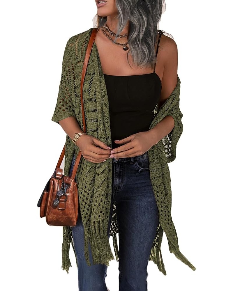 Womens Knit Cardigan Open Front Outwear Hollow Out Crochet Tassel Lightweight Kimonos Sweater S-XXL Army Green $15.17 Sweaters