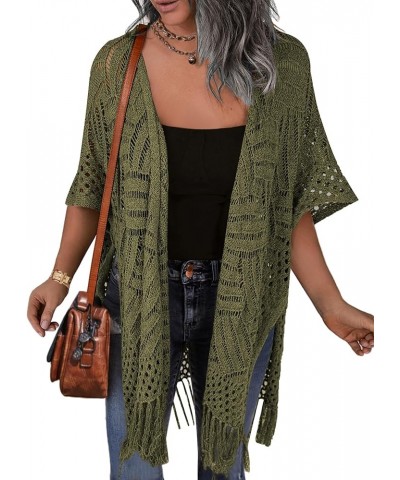 Womens Knit Cardigan Open Front Outwear Hollow Out Crochet Tassel Lightweight Kimonos Sweater S-XXL Army Green $15.17 Sweaters