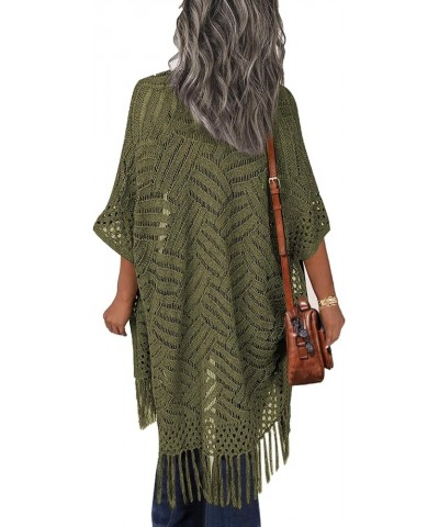 Womens Knit Cardigan Open Front Outwear Hollow Out Crochet Tassel Lightweight Kimonos Sweater S-XXL Army Green $15.17 Sweaters