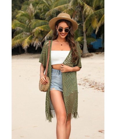 Womens Knit Cardigan Open Front Outwear Hollow Out Crochet Tassel Lightweight Kimonos Sweater S-XXL Army Green $15.17 Sweaters