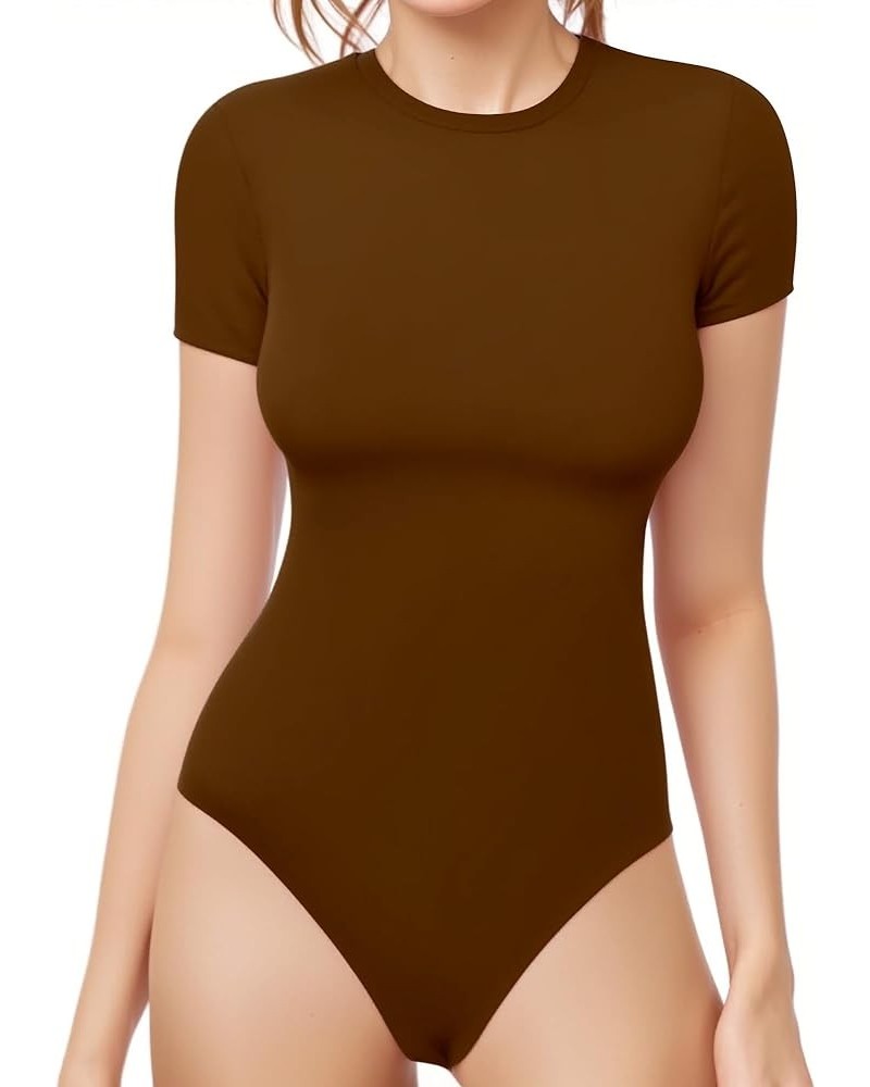 Women's Crew Neck Short Sleeve Bodysuit Basic T Shirts Tops Brown $12.99 Bodysuits