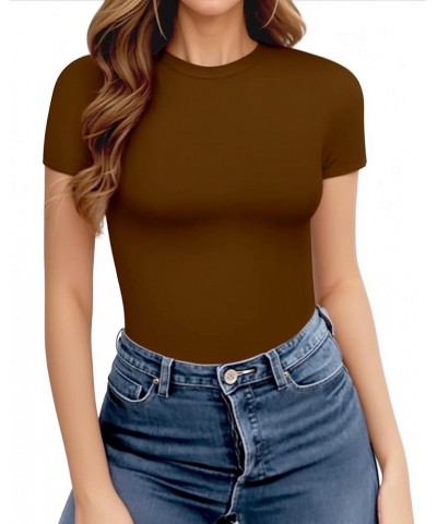 Women's Crew Neck Short Sleeve Bodysuit Basic T Shirts Tops Brown $12.99 Bodysuits