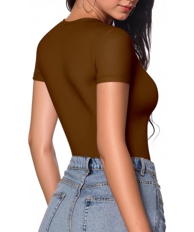 Women's Crew Neck Short Sleeve Bodysuit Basic T Shirts Tops Brown $12.99 Bodysuits