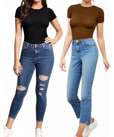 Women's Crew Neck Short Sleeve Bodysuit Basic T Shirts Tops Brown $12.99 Bodysuits