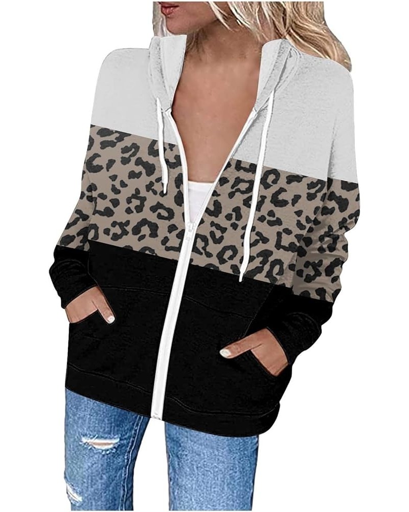 Womens Color Block Leopard Print Zip Up Hoodies Long Sleeve Fall Oversized Sweatshirts Y2K Sport Jacket with Pockets White $6...