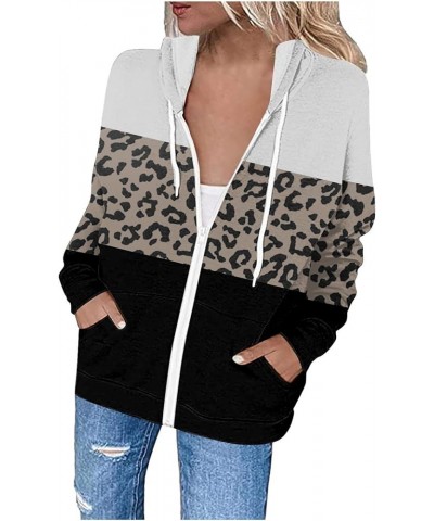 Womens Color Block Leopard Print Zip Up Hoodies Long Sleeve Fall Oversized Sweatshirts Y2K Sport Jacket with Pockets White $6...