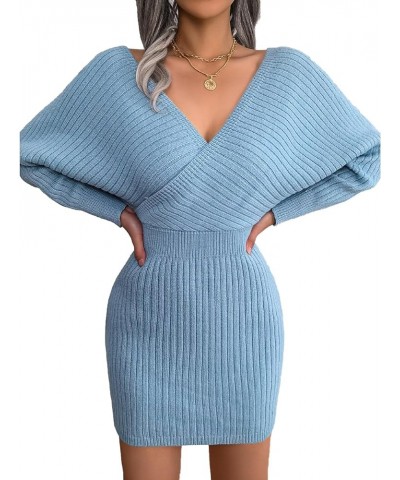 Women's Elegant V Neck Wrap Knit Dresses Batwing Sleeve Backless Slit Mini Dress Blue $16.00 Sweaters