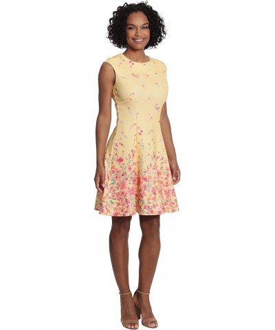 Women's Floral Border Cap Sleeve Fit & Flare Dress Yellow/Spiced Coral $35.04 Dresses