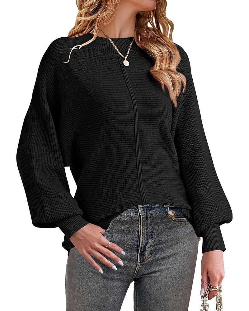 Womens Pullover Sweaters Fall 2023 Trendy Oversized Crewneck Long Batwing Sleeve Tops Cable Rib Knitted Warm Jumpers Black $1...