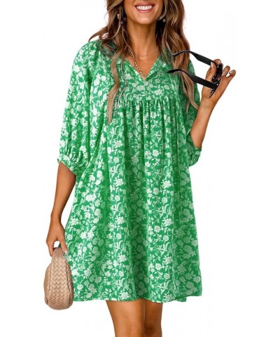 Womens Summer Casual Dresses Boho Floral Drawstring V Neck Chiffon Lantern Sleeve Beach Mini Dress Sundress Green $18.61 Dresses