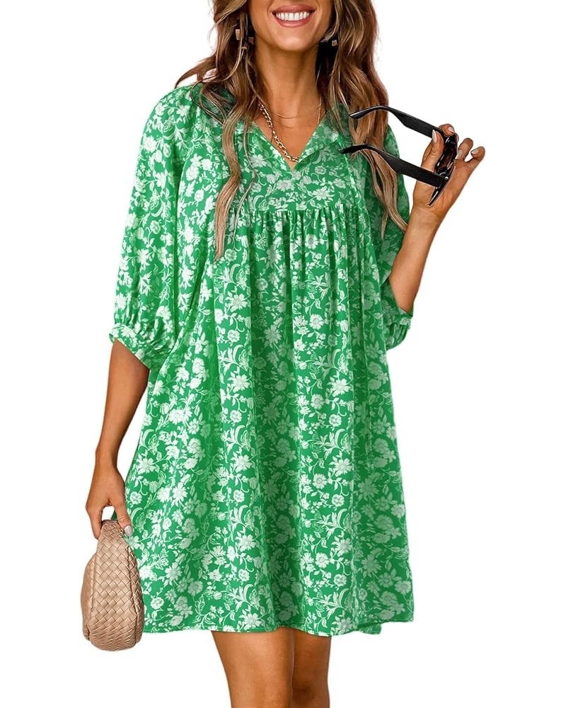 Womens Summer Casual Dresses Boho Floral Drawstring V Neck Chiffon Lantern Sleeve Beach Mini Dress Sundress Green $18.61 Dresses