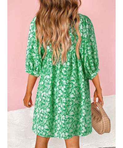 Womens Summer Casual Dresses Boho Floral Drawstring V Neck Chiffon Lantern Sleeve Beach Mini Dress Sundress Green $18.61 Dresses