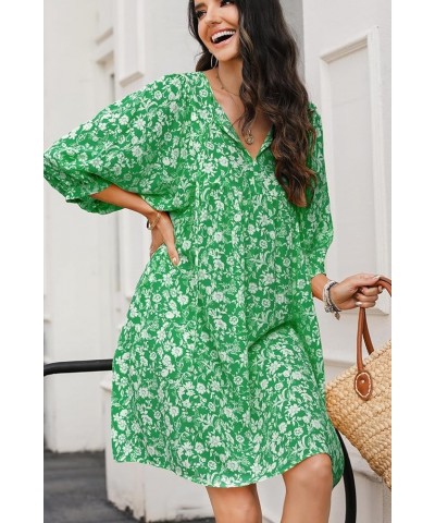 Womens Summer Casual Dresses Boho Floral Drawstring V Neck Chiffon Lantern Sleeve Beach Mini Dress Sundress Green $18.61 Dresses