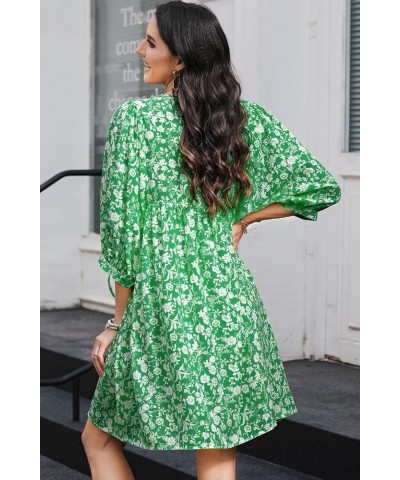 Womens Summer Casual Dresses Boho Floral Drawstring V Neck Chiffon Lantern Sleeve Beach Mini Dress Sundress Green $18.61 Dresses