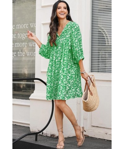 Womens Summer Casual Dresses Boho Floral Drawstring V Neck Chiffon Lantern Sleeve Beach Mini Dress Sundress Green $18.61 Dresses