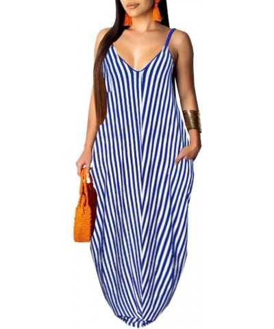 Women's Summer Casual Sexy Stripe Loose Maxi Dress 2024 Sleeveless Plus Size Sun Dress with Pockets 963blue $20.39 Dresses