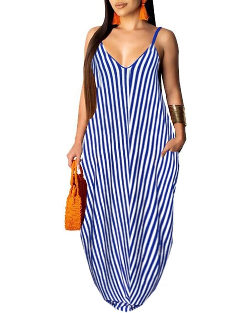 Women's Summer Casual Sexy Stripe Loose Maxi Dress 2024 Sleeveless Plus Size Sun Dress with Pockets 963blue $20.39 Dresses