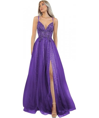 Glitter V Neck Tulle Prom Dresses Lace Appliques Ball Gown for Women A Line Spaghetti Straps Formal Dresses with Split Purple...