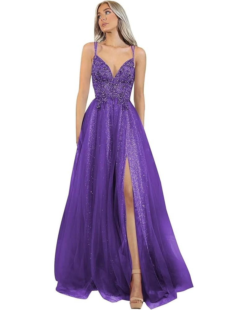 Glitter V Neck Tulle Prom Dresses Lace Appliques Ball Gown for Women A Line Spaghetti Straps Formal Dresses with Split Purple...