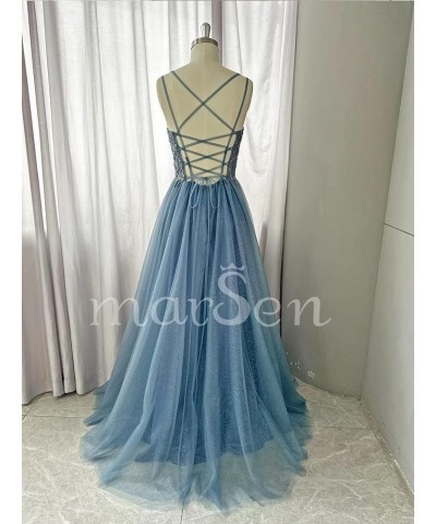 Glitter V Neck Tulle Prom Dresses Lace Appliques Ball Gown for Women A Line Spaghetti Straps Formal Dresses with Split Purple...