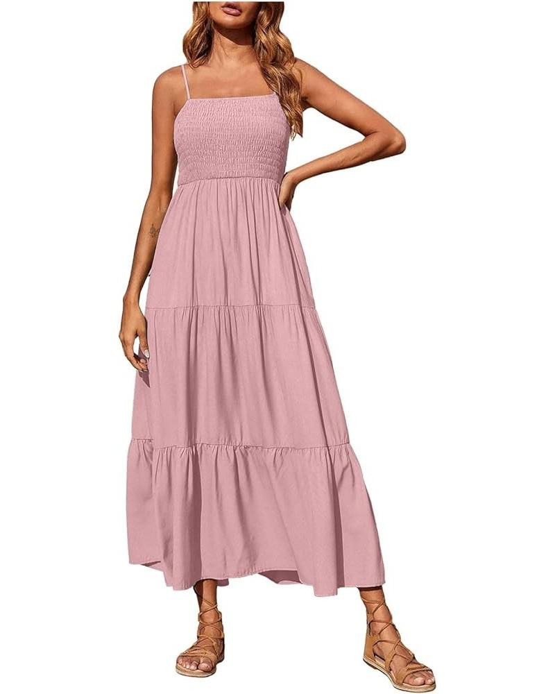 Summer Dresses for Women Casual Bohemian Solid Maxi Dress Spaghetti Strap Sleeveless Smocked Tiered Beach Sundresses A01_pink...